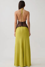 Lace Inset Halter Satin Formal Dress