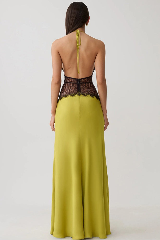 Lace Inset Halter Satin Formal Dress