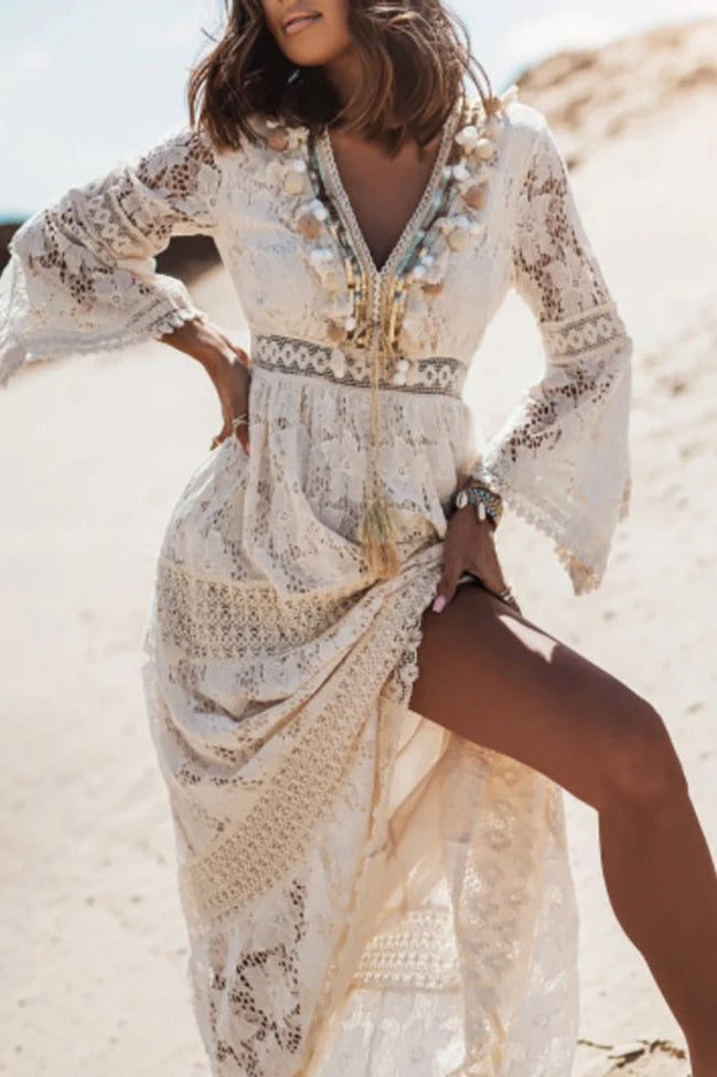 Lace V Neck Hollow Boho Dress Ivory / S Main image