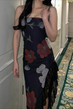 Off Shoulder Mesh Strapless Slit Slim Floral Dress