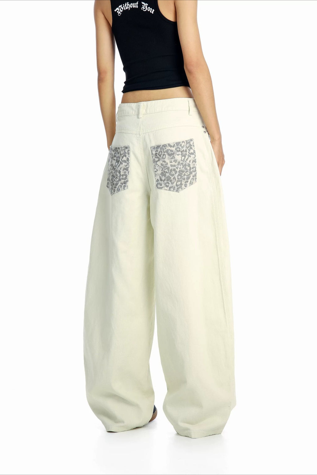 Leopard Pocket Stud Wide Leg Jeans