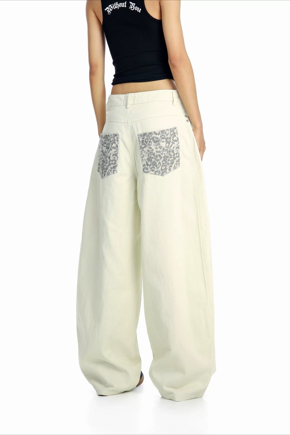 Leopard Pocket Stud Wide Leg Jeans