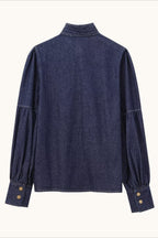 Bow Neck Balloon Sleeve Denim Blouse