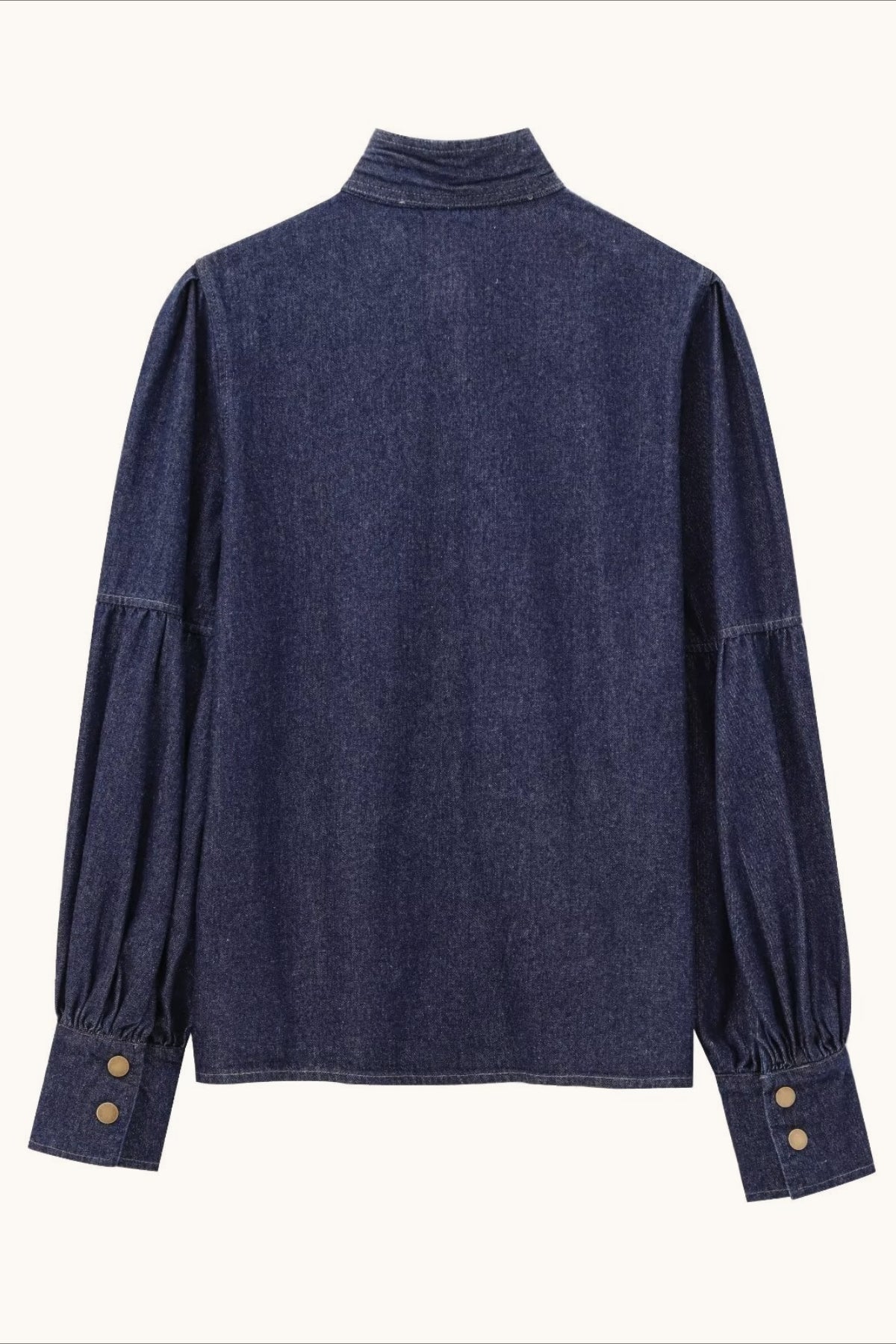 Bow Neck Balloon Sleeve Denim Blouse