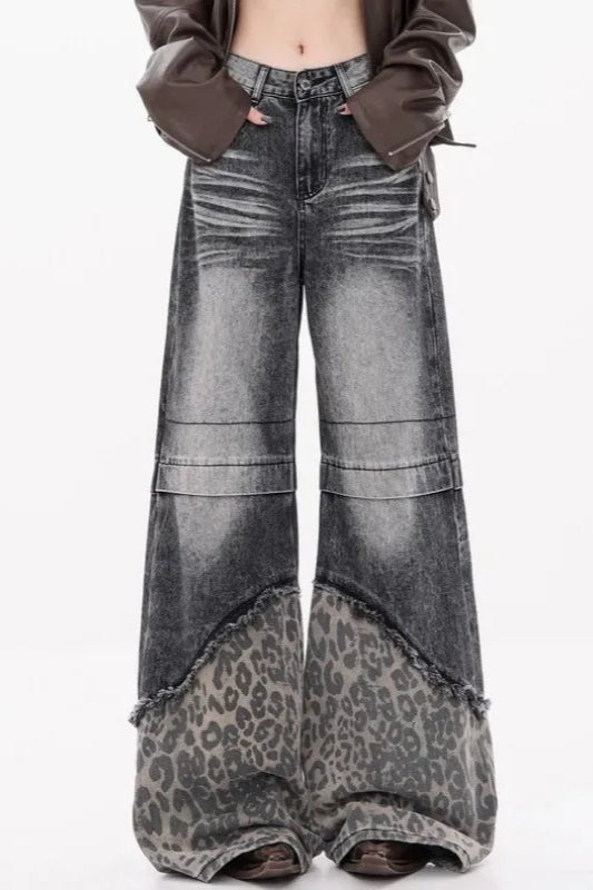 Patchwork Leopard Wide Leg Jeans Grey / S Main image