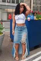 High Rise Distressed Frayed Hem Slit Denim Skirt