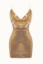 Gold Sequin Cowl Back Cocktail Dress