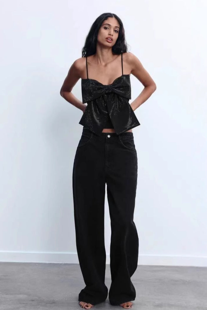 Bow Detail Rhinestone Spaghetti Strap Crop Top Secondary image