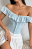 Off Shoulder Ruffle Buttoned Cinched Crop Top