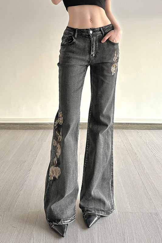 Sequin Embroidered Low Rise Wide Flare Leg Jeans Main image