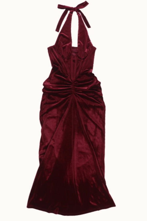 Deep V Velvet Ruched Halter Formal Dress