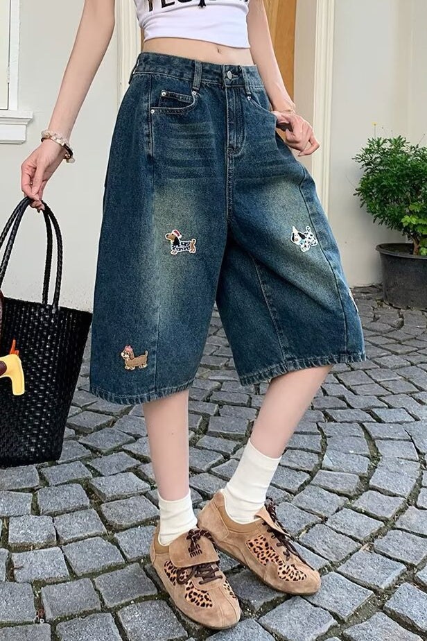 Embroidered High Waist Wide Leg Casual Shorts Main image
