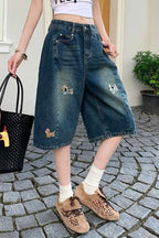 Embroidered High Waist Wide Leg Casual Shorts
