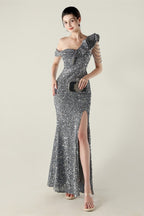 Draped One Shoulder Ruffle Formal Dress