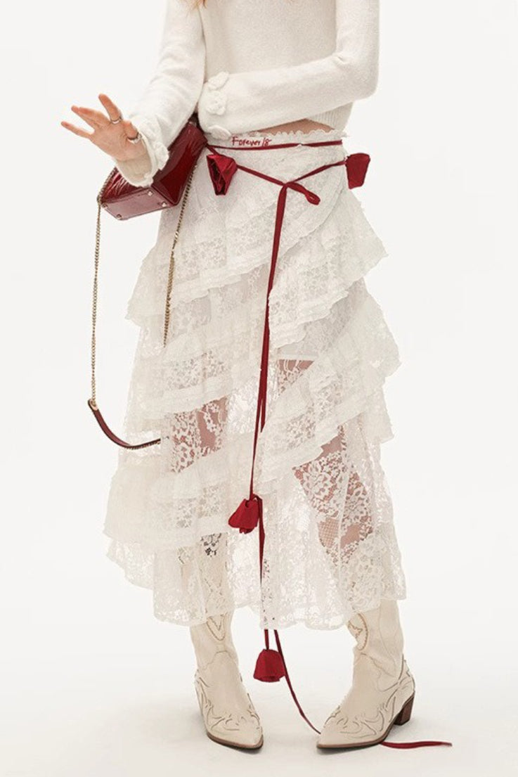 Hot Girl Lace Tiered Mesh Stylish Slim Midi Skirt Secondary image