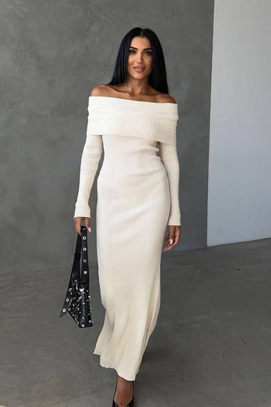 Striped Off Shoulder Sweater Dress S / Ivory Main image