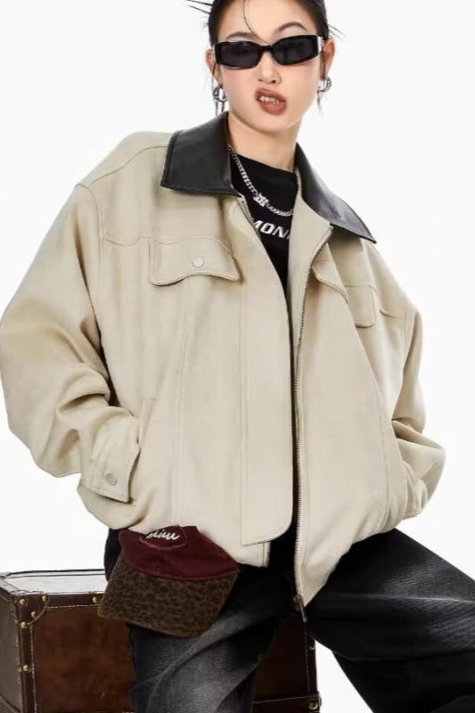 Patchwork Suede Casual Jacket Khaki / M Main image