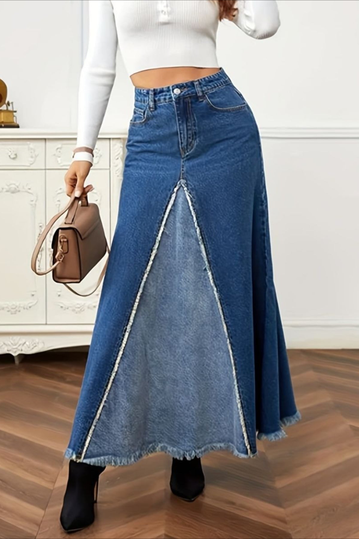 Panelled Full Volume Maxi A Line Denim Skirt