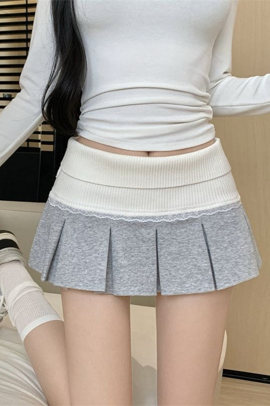 Lace Trimmed Color Block Pleated A-Line Skirt Secondary image