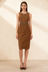 Faux Fur Sleeveless Embellished Midi Dress