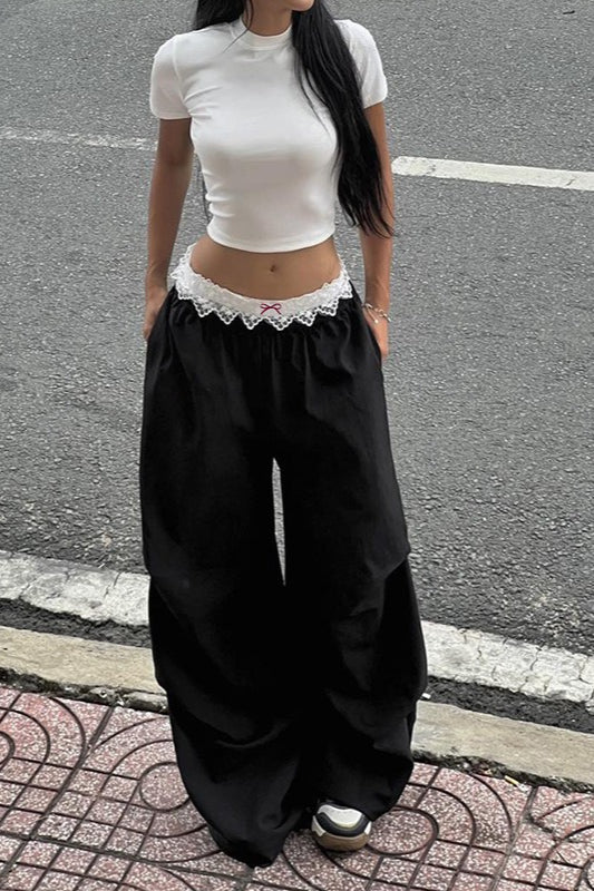 Contrast Waist Lace Trim Relaxed Long Pants Secondary image