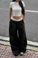 Contrast Waist Lace Trim Relaxed Long Pants