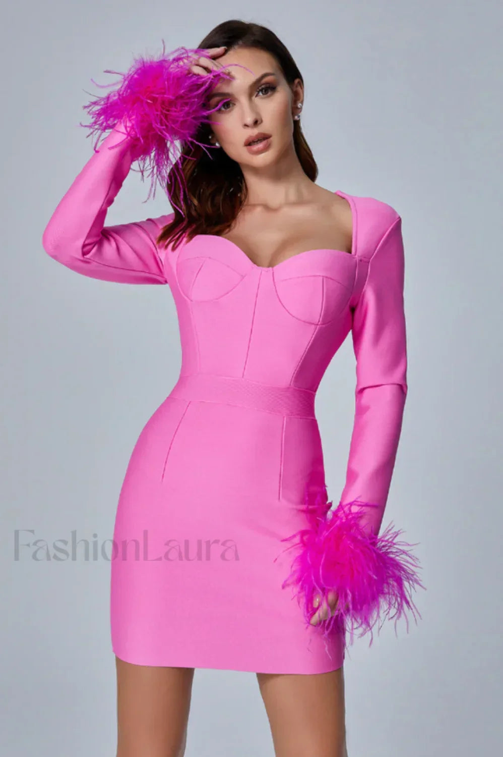 Feather Long Stylish Sleeve Bustier Dress XS / Hot Pink Main image