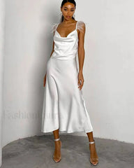 Feather Satin Strap Midi Dress WHITE / S