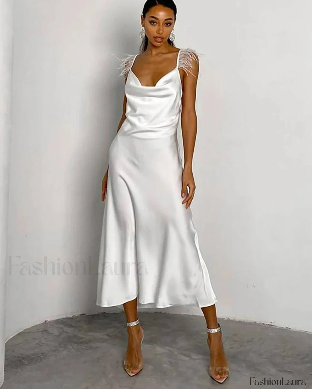 Feather Satin Strap Midi Dress WHITE / S