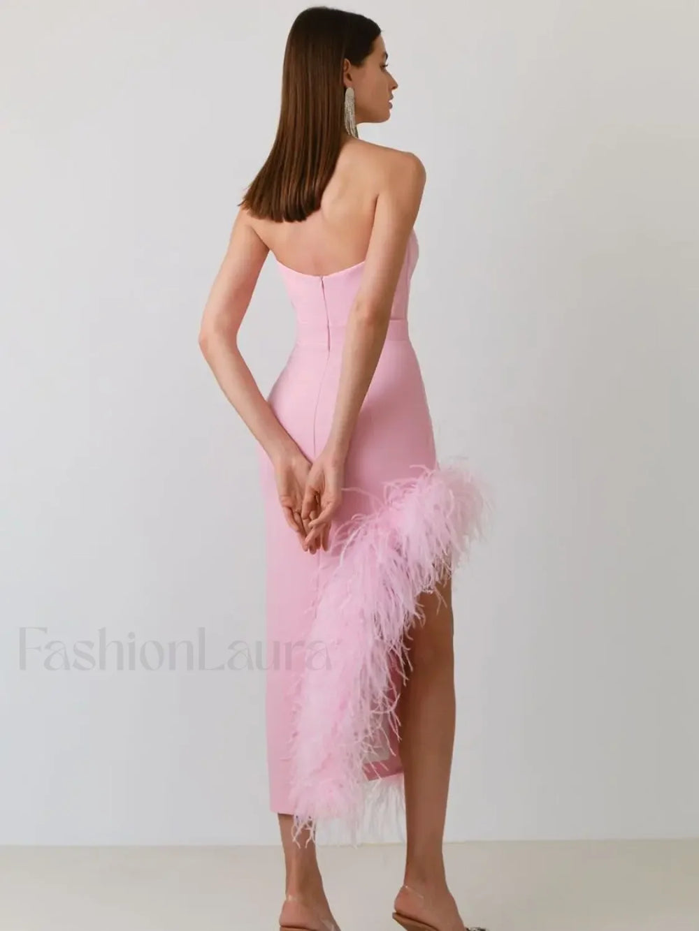 Feather Strapless Bandage Midi Dress
