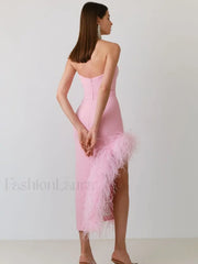Feather Strapless Bandage Midi Dress