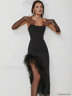 Feather Strapless Bandage Midi Dress