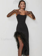 Feather Strapless Bandage Midi Dress Black / S