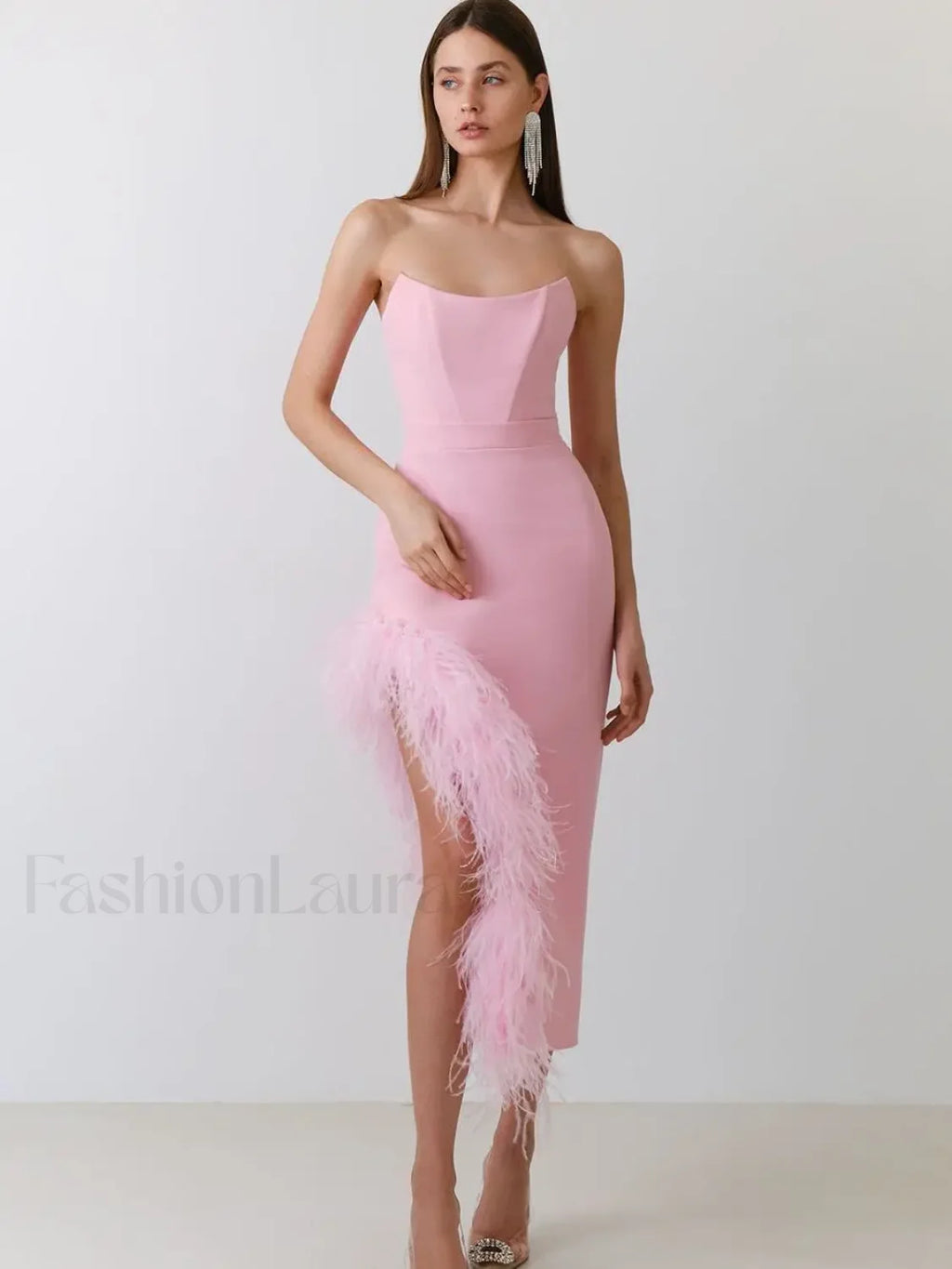 Feather Strapless Bandage Midi Dress Pink / S