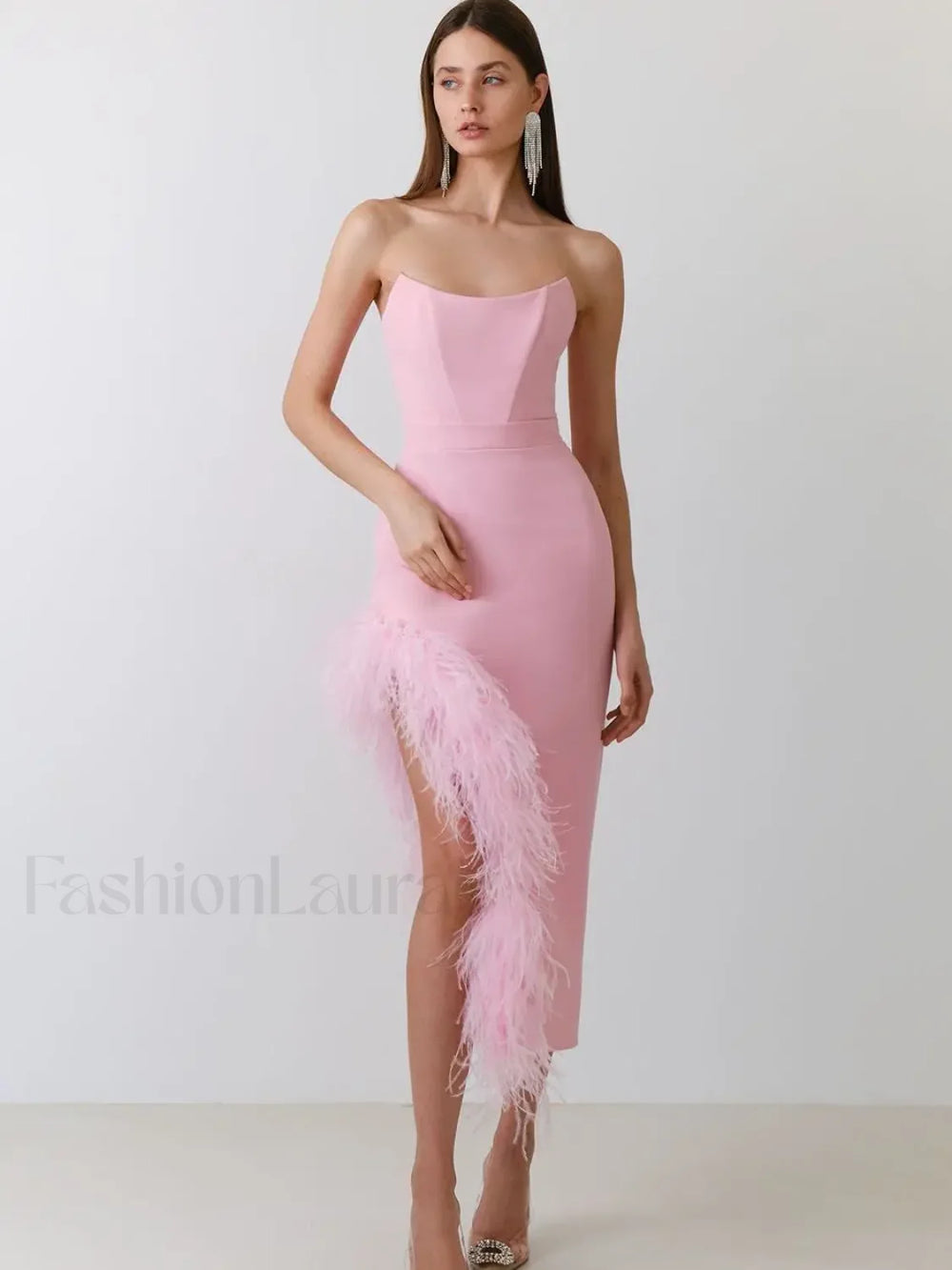 Feather Strapless Bandage Midi Dress Pink / S