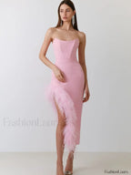 Feather Strapless Bandage Midi Dress Pink / S