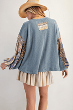 Waffle Knit Patchwork Sleeve Sweatshirt