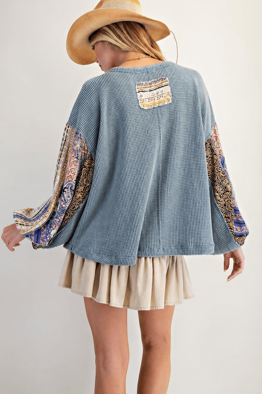 Waffle Knit Patchwork Sleeve Sweatshirt