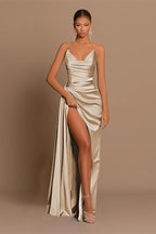 Satin Deep V Corset Slit Formal Dress XS / Beige