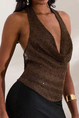 Sheer Sparkling Deep V Cowl Neck Halter Tank Top