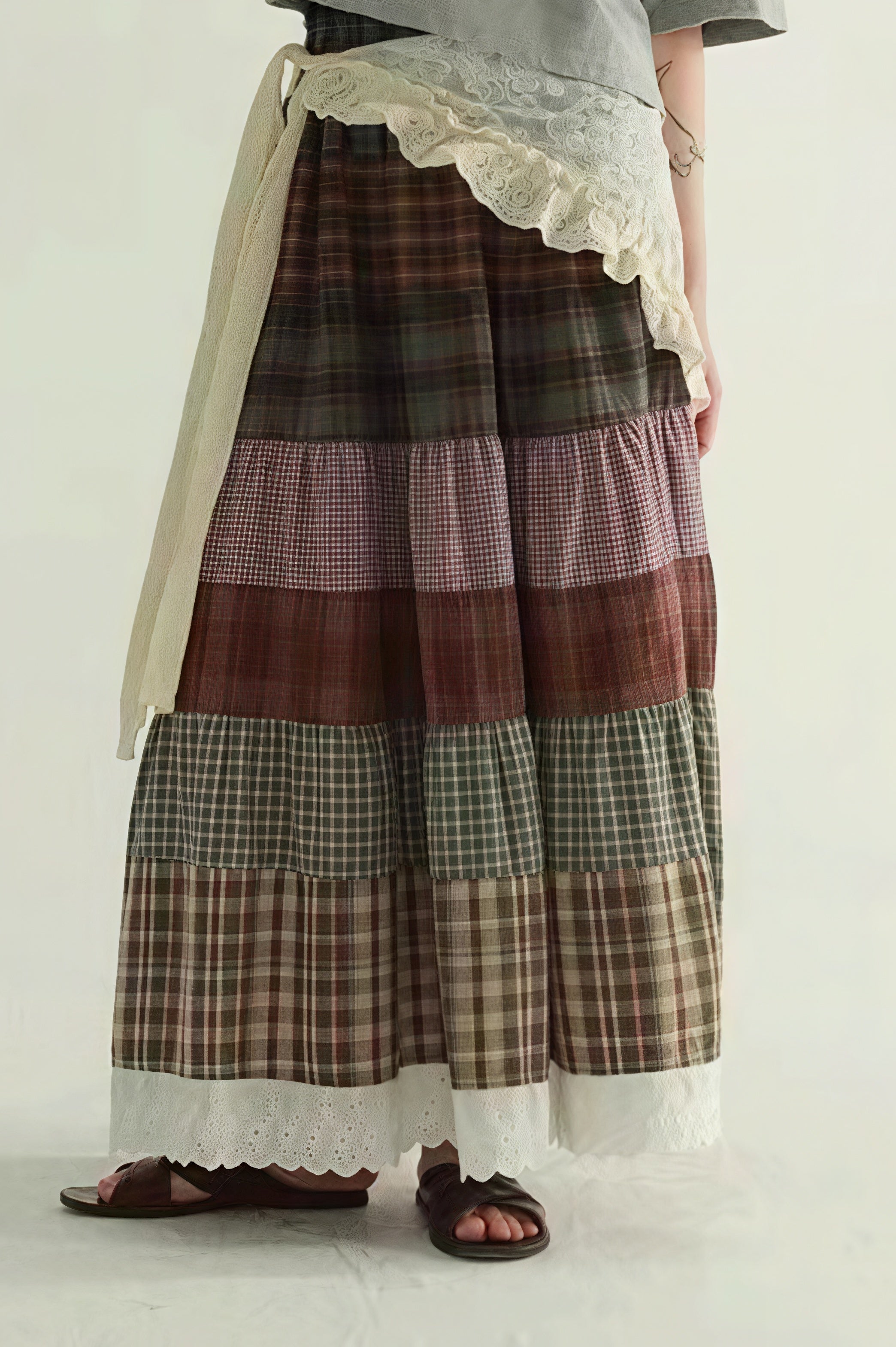 Vintage Plaid Patchwork Flared Boho Skirt