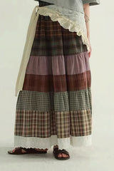 Vintage Plaid Patchwork Flared Boho Skirt