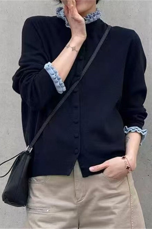 Ruffle Trim Contrast Cardigan Navy blue / One Size Main image