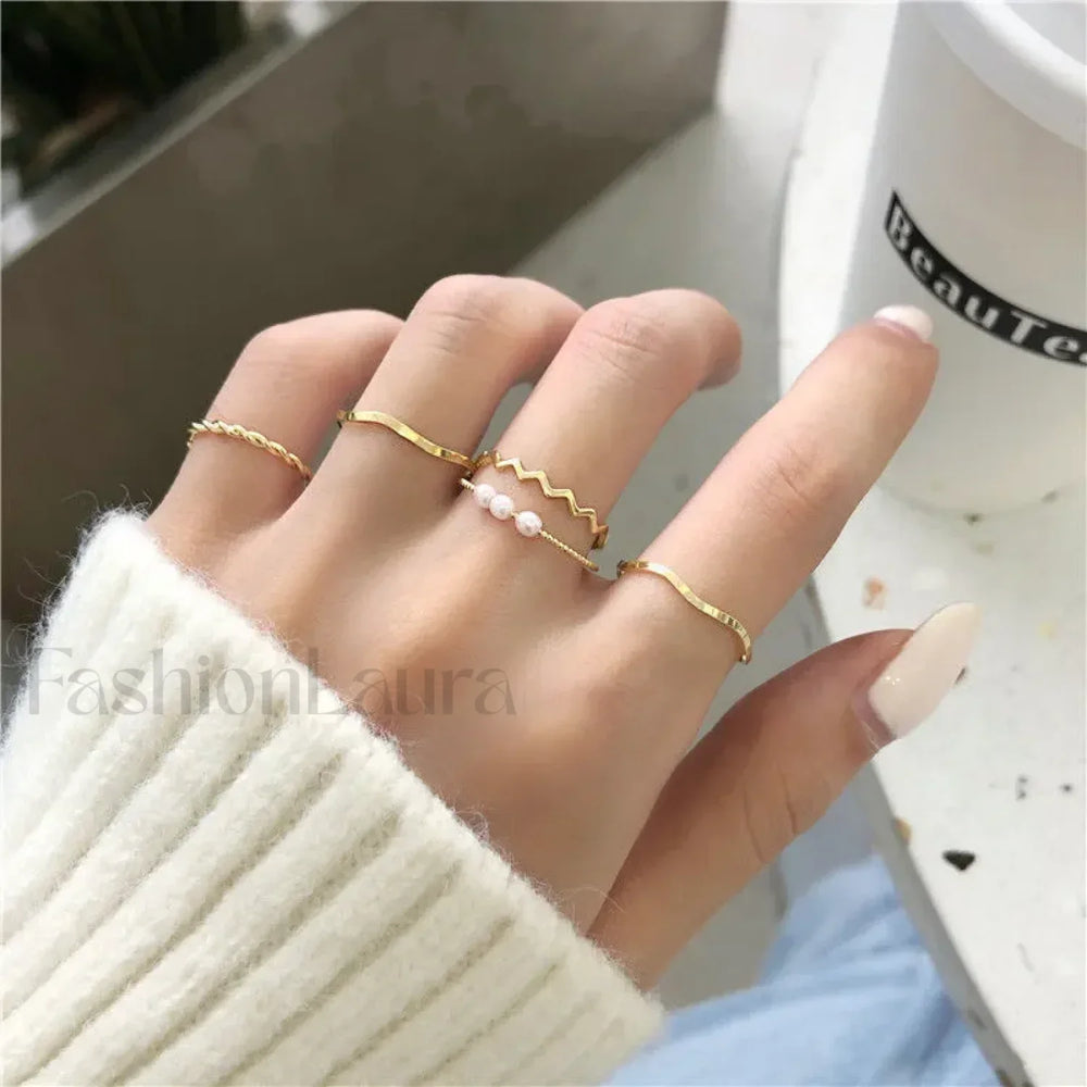 Female Japanese Korean Simple Three Pearl Wavy Net Red Tail Jewelry Ring