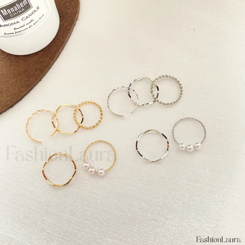 Female Japanese Korean Simple Three Pearl Wavy Net Red Tail Jewelry Ring