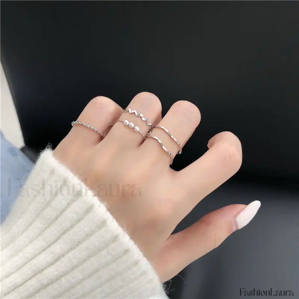 Female Japanese Korean Simple Three Pearl Wavy Net Red Tail Jewelry Ring