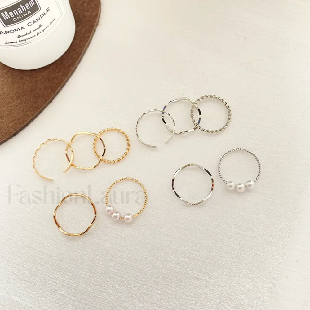 Female Japanese Korean Simple Three Pearl Wavy Net Red Tail Jewelry Ring