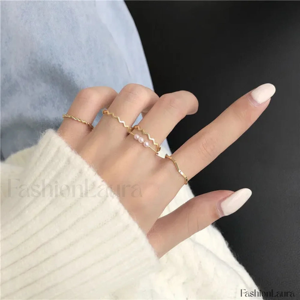 Female Japanese Korean Simple Three Pearl Wavy Net Red Tail Jewelry Ring Gold