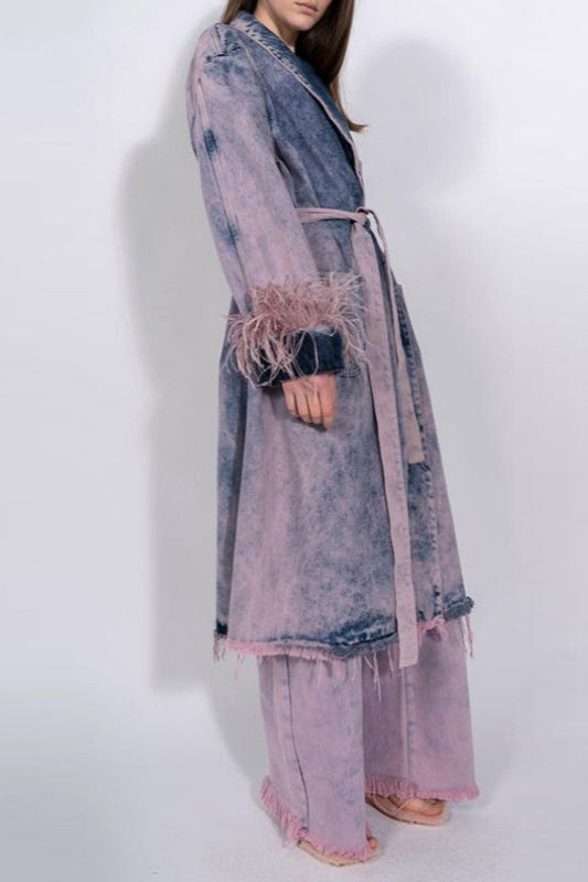 Denim Ostrich Feather Trim Belted Overcoat Main image
