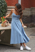 V Neck Washed Denim Maxi Dress
